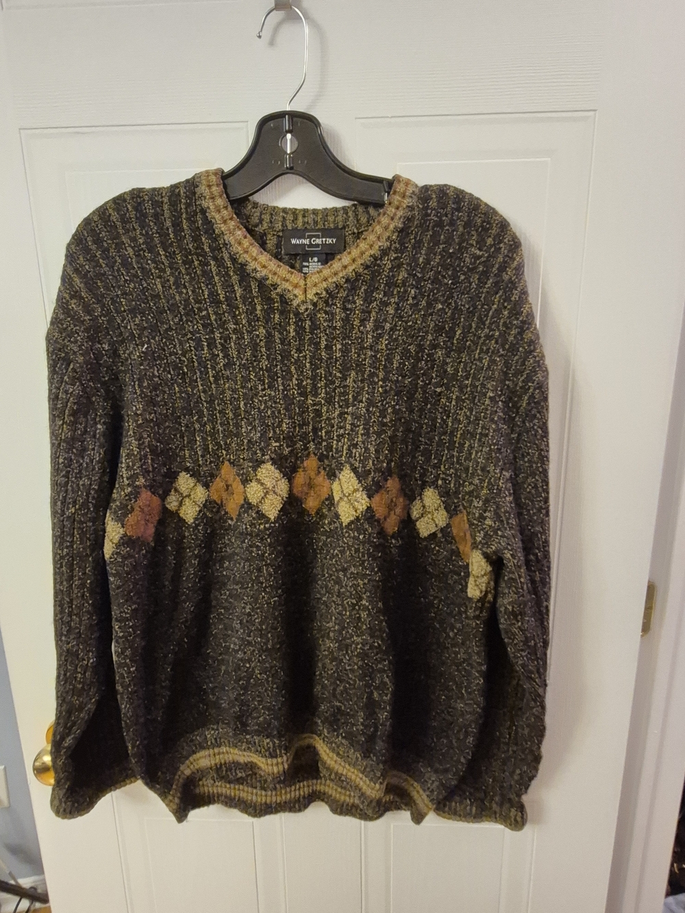 Vintage Wayne Gretzky Argyle V-Neck Sweater Green Black Knit Men's Large